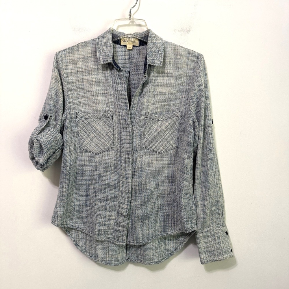Cloth & Stone Blue Knit Blouse Top XS Button Front Roll Tab Sleeve Boho Casual